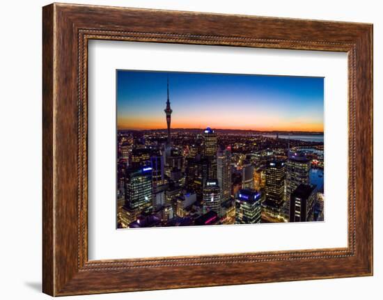 Auckland, New Zealand. The Auckland Skytower and harbor at night.-Micah Wright-Framed Photographic Print
