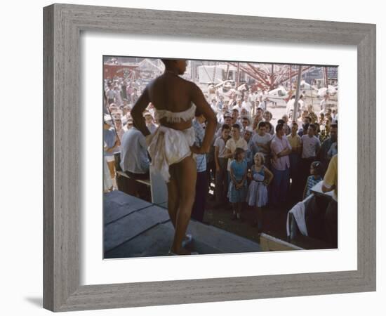 Audience Gathers to Watch a Dancer in a Two-Piece Costume at the Iowa State Fair, 1955-John Dominis-Framed Photographic Print