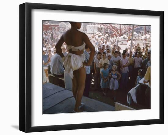 Audience Gathers to Watch a Dancer in a Two-Piece Costume at the Iowa State Fair, 1955-John Dominis-Framed Photographic Print