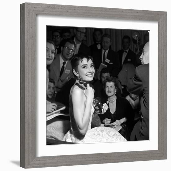 Audrey Hepburn, 1953. 26th Annual Academy Awards, Best Actress for "Roman Holiday"-null-Framed Photographic Print