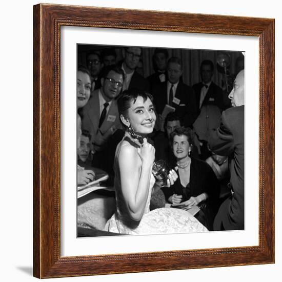 Audrey Hepburn, 1953. 26th Annual Academy Awards, Best Actress for "Roman Holiday"-null-Framed Photographic Print