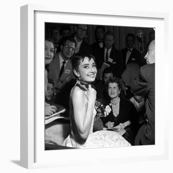 Audrey Hepburn, 1953. 26th Annual Academy Awards, Best Actress for "Roman Holiday"-null-Framed Photographic Print