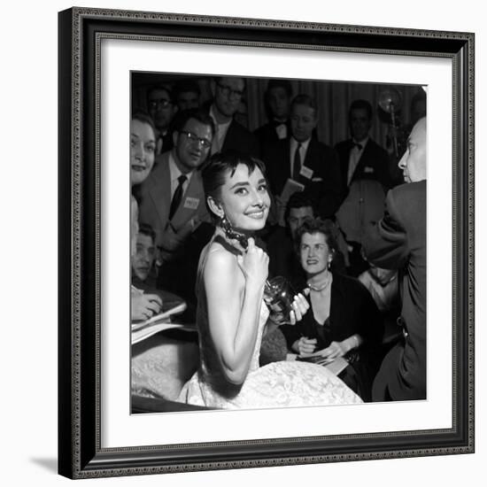 Audrey Hepburn, 1953. 26th Annual Academy Awards, Best Actress for "Roman Holiday"-null-Framed Photographic Print