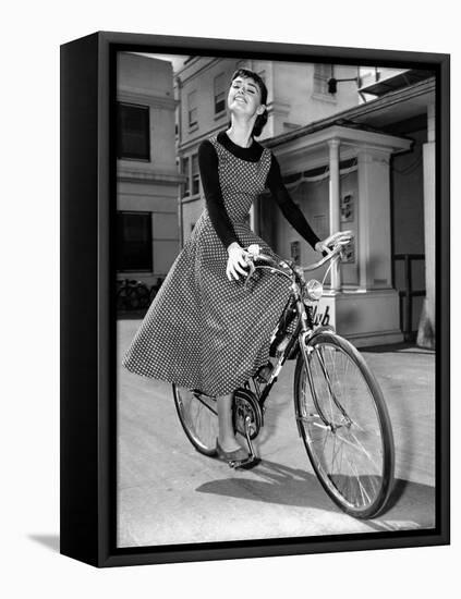 Audrey Hepburn on Set of Film Sabrina 1954 (Dress by Givenchy)-null-Framed Stretched Canvas