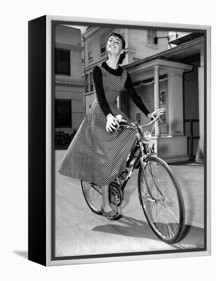 Audrey Hepburn on Set of Film Sabrina 1954 (Dress by Givenchy)-null-Framed Stretched Canvas