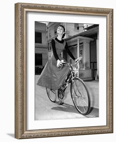 Audrey Hepburn on Set of Film Sabrina 1954 (Dress by Givenchy)-null-Framed Photo