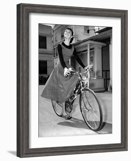 Audrey Hepburn on Set of Film Sabrina 1954 (Dress by Givenchy)-null-Framed Photo