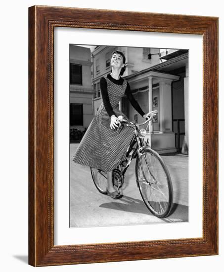 Audrey Hepburn on Set of Film Sabrina 1954 (Dress by Givenchy)-null-Framed Photo