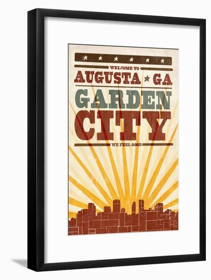 Augusta, Georgia - Skyline and Sunburst Screenprint Style-Lantern Press-Framed Art Print