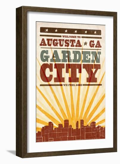 Augusta, Georgia - Skyline and Sunburst Screenprint Style-Lantern Press-Framed Art Print