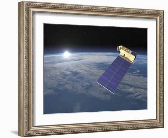 Aura Satellite Orbiting Earth and Rising Sun-null-Framed Art Print