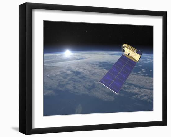 Aura Satellite Orbiting Earth and Rising Sun-null-Framed Art Print