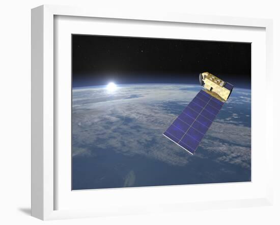 Aura Satellite Orbiting Earth and Rising Sun-null-Framed Art Print