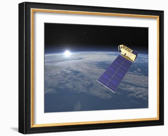Aura Satellite Orbiting Earth and Rising Sun-null-Framed Art Print