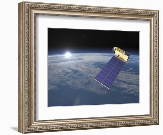 Aura Satellite Orbiting Earth and Rising Sun-null-Framed Art Print