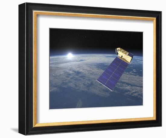 Aura Satellite Orbiting Earth and Rising Sun-null-Framed Art Print