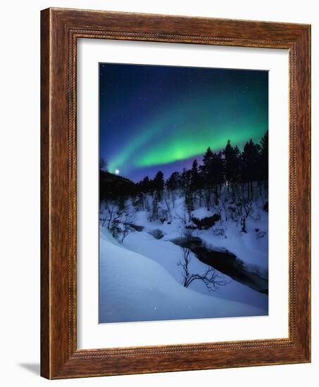 Aurora And a Full Moon Over Tennevik River, Troms County, Norway-Stocktrek Images-Framed Photographic Print