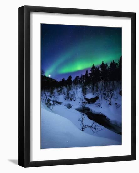 Aurora And a Full Moon Over Tennevik River, Troms County, Norway-Stocktrek Images-Framed Photographic Print