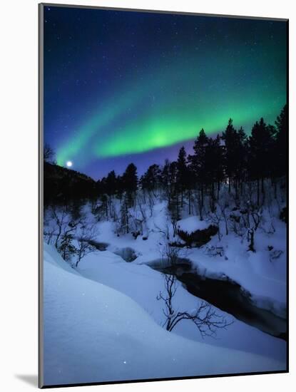 Aurora And a Full Moon Over Tennevik River, Troms County, Norway-Stocktrek Images-Mounted Photographic Print