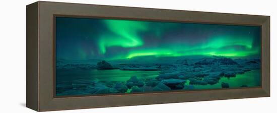 Aurora borealis above Jokulsarlon glacier lagoon, Iceland-null-Framed Premier Image Canvas