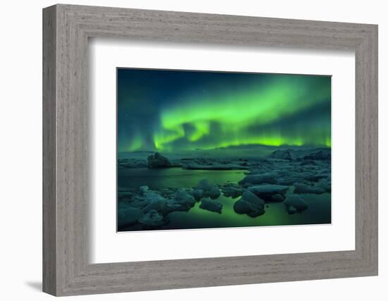 Aurora borealis above Jokulsarlon glacier lagoon, Iceland-Panoramic Images-Framed Photographic Print