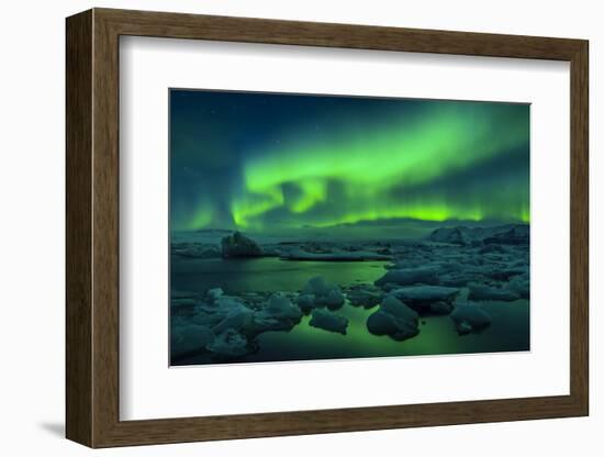 Aurora borealis above Jokulsarlon glacier lagoon, Iceland-Panoramic Images-Framed Photographic Print