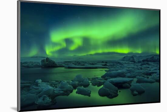 Aurora borealis above Jokulsarlon glacier lagoon, Iceland-Panoramic Images-Mounted Photographic Print