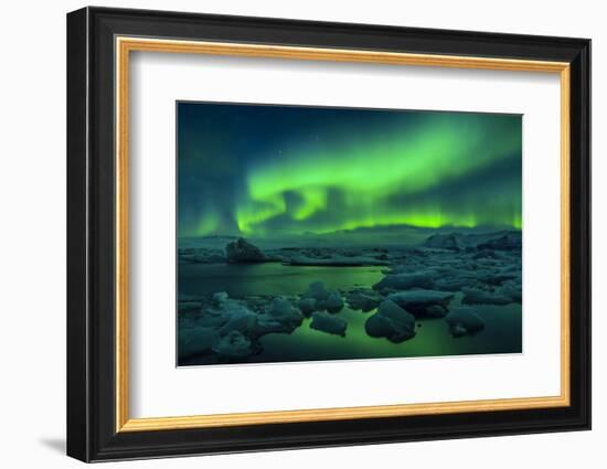 Aurora borealis above Jokulsarlon glacier lagoon, Iceland-Panoramic Images-Framed Photographic Print