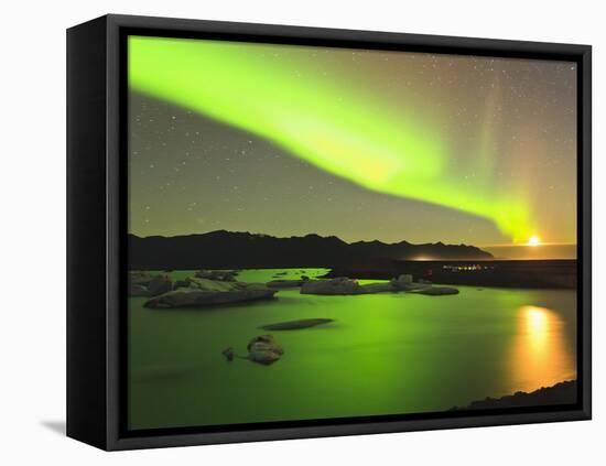 Aurora Borealis and Moon over Icebergs, Jokulsarlon and Breidamerkurjokull, Iceland-Tom Norring-Framed Premier Image Canvas