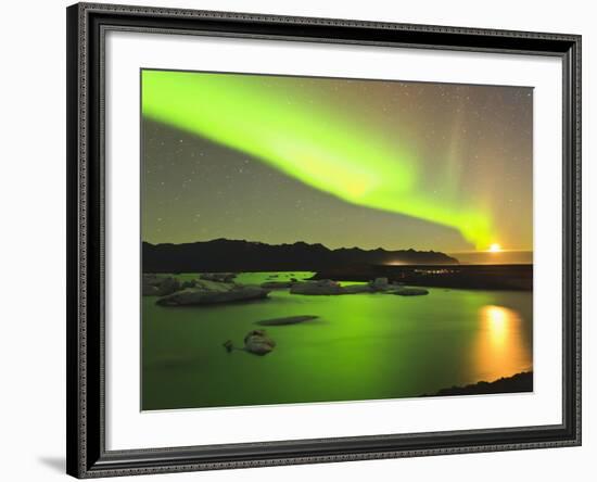 Aurora Borealis and Moon over Icebergs, Jokulsarlon and Breidamerkurjokull, Iceland-Tom Norring-Framed Photographic Print