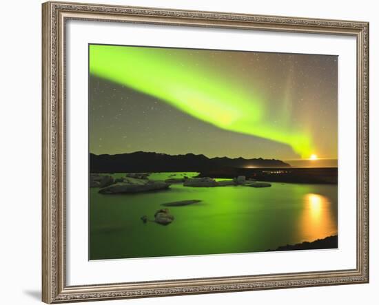 Aurora Borealis and Moon over Icebergs, Jokulsarlon and Breidamerkurjokull, Iceland-Tom Norring-Framed Photographic Print