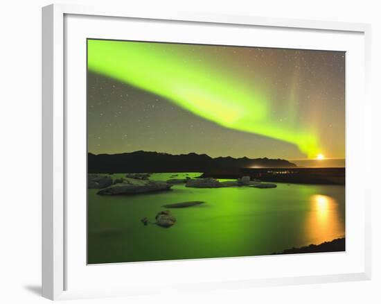 Aurora Borealis and Moon over Icebergs, Jokulsarlon and Breidamerkurjokull, Iceland-Tom Norring-Framed Photographic Print