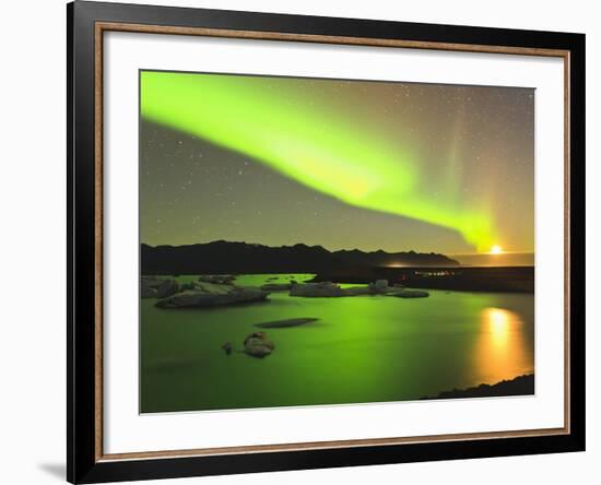 Aurora Borealis and Moon over Icebergs, Jokulsarlon and Breidamerkurjokull, Iceland-Tom Norring-Framed Photographic Print