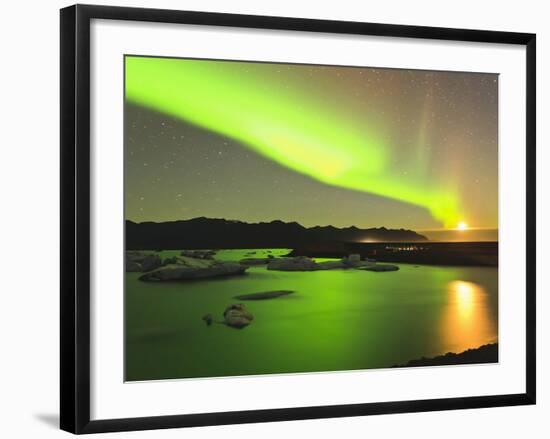 Aurora Borealis and Moon over Icebergs, Jokulsarlon and Breidamerkurjokull, Iceland-Tom Norring-Framed Photographic Print