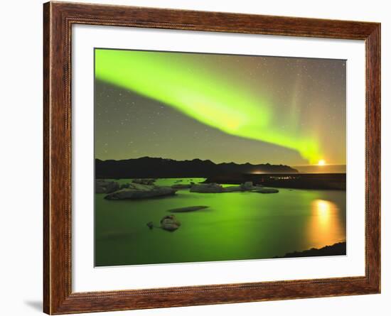 Aurora Borealis and Moon over Icebergs, Jokulsarlon and Breidamerkurjokull, Iceland-Tom Norring-Framed Photographic Print