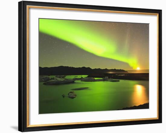 Aurora Borealis and Moon over Icebergs, Jokulsarlon and Breidamerkurjokull, Iceland-Tom Norring-Framed Photographic Print