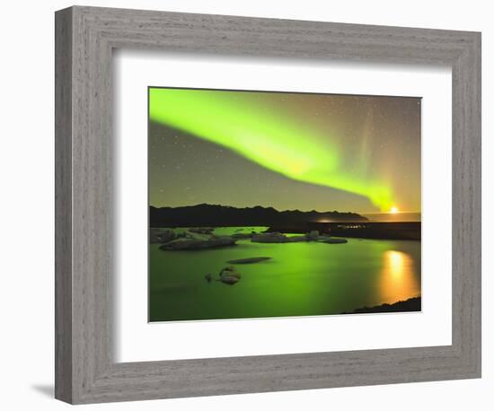 Aurora Borealis and Moon over Icebergs, Jokulsarlon and Breidamerkurjokull, Iceland-Tom Norring-Framed Photographic Print