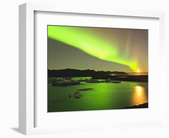 Aurora Borealis and Moon over Icebergs, Jokulsarlon and Breidamerkurjokull, Iceland-Tom Norring-Framed Photographic Print