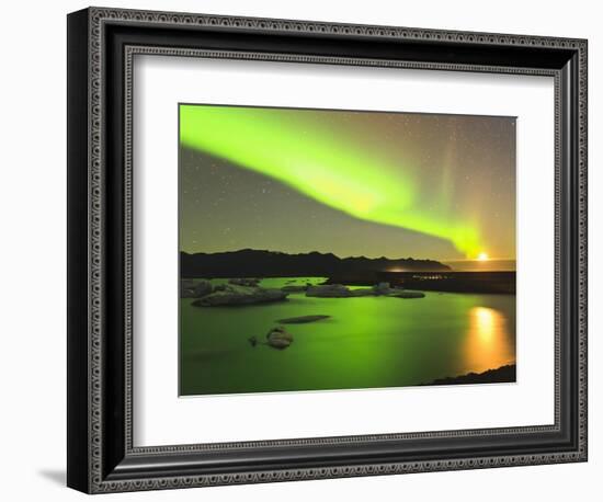 Aurora Borealis and Moon over Icebergs, Jokulsarlon and Breidamerkurjokull, Iceland-Tom Norring-Framed Photographic Print