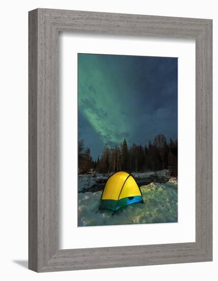 Aurora borealis, Northern Lights, and illuminated tent near Fairbanks, Alaska-Stuart Westmorland-Framed Photographic Print