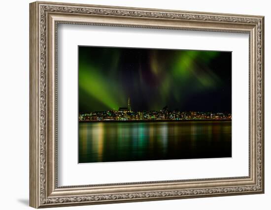 Aurora Borealis or Northern Lights over Reykjavik Skyline, Reykjavik, Iceland-null-Framed Photographic Print