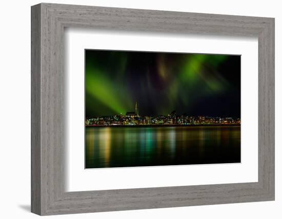 Aurora Borealis or Northern Lights over Reykjavik Skyline, Reykjavik, Iceland-null-Framed Photographic Print