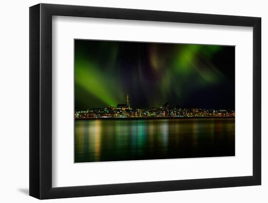 Aurora Borealis or Northern Lights over Reykjavik Skyline, Reykjavik, Iceland-null-Framed Photographic Print