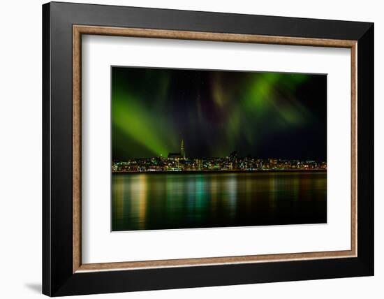 Aurora Borealis or Northern Lights over Reykjavik Skyline, Reykjavik, Iceland-null-Framed Photographic Print