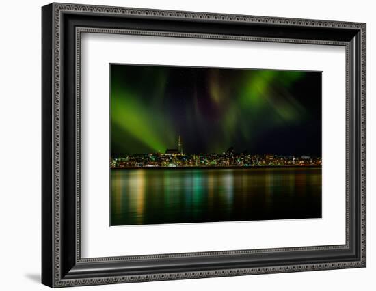 Aurora Borealis or Northern Lights over Reykjavik Skyline, Reykjavik, Iceland-null-Framed Photographic Print