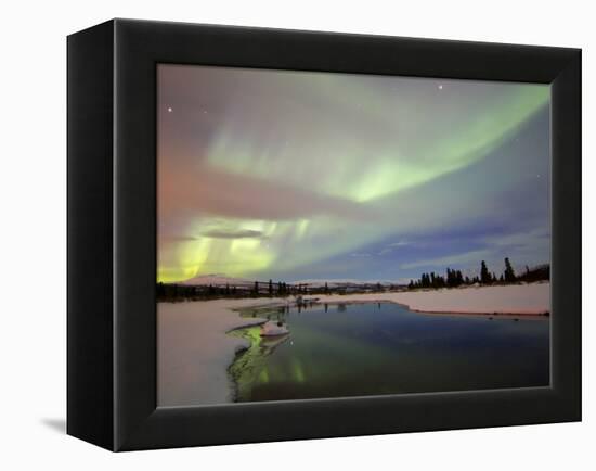 Aurora Borealis Over Creek by Fish Lake, Whitehorse, Yukon, Canada-Stocktrek Images-Framed Premier Image Canvas