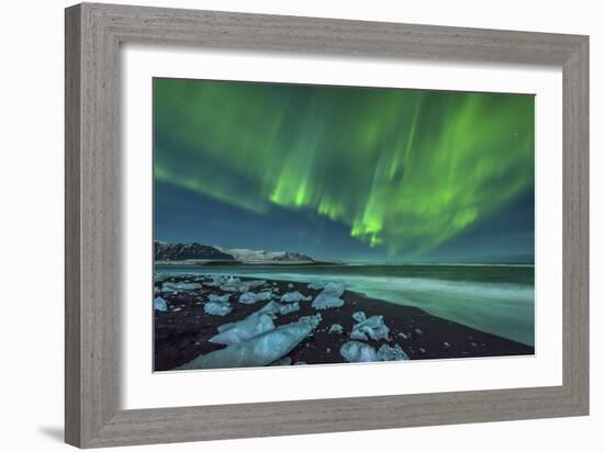 Aurora Borealis over the Ice Beach Near Jokulsarlon, Iceland-null-Framed Photographic Print