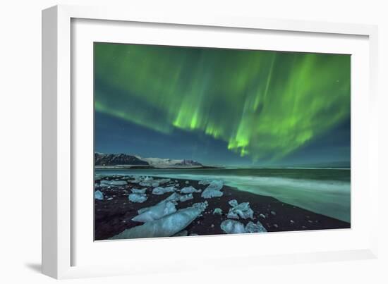 Aurora Borealis over the Ice Beach Near Jokulsarlon, Iceland-null-Framed Photographic Print