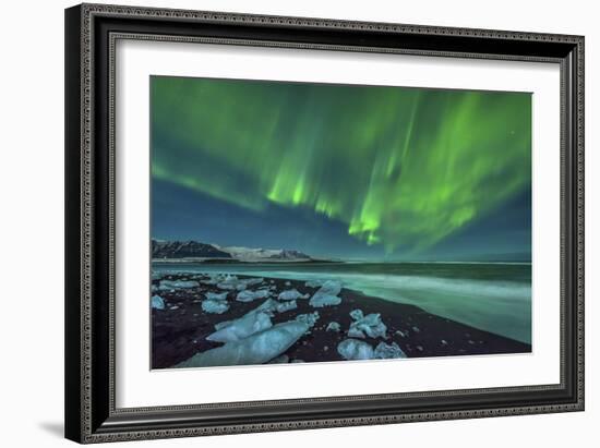 Aurora Borealis over the Ice Beach Near Jokulsarlon, Iceland-null-Framed Photographic Print