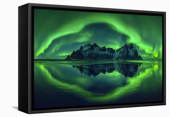 Aurora borealis over Vestrahorn mountains and beach at night, Stokksnes, Iceland-Panoramic Images-Framed Premier Image Canvas